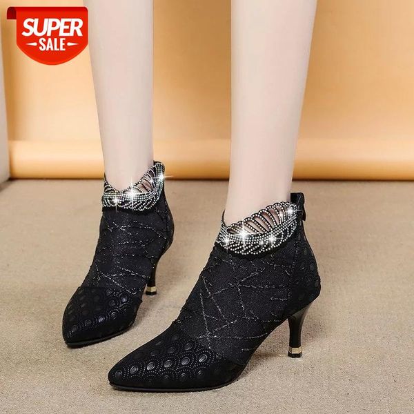 lucyever shiny crystal thin high heels boots women 2020 pointed toe pu leather woman ankle boots rhinestone shoes ladies #3g7t, Black